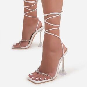 Ego Romantic Diamante Detail Lace Up Square Toe Clear Perspex Sculptured Heel